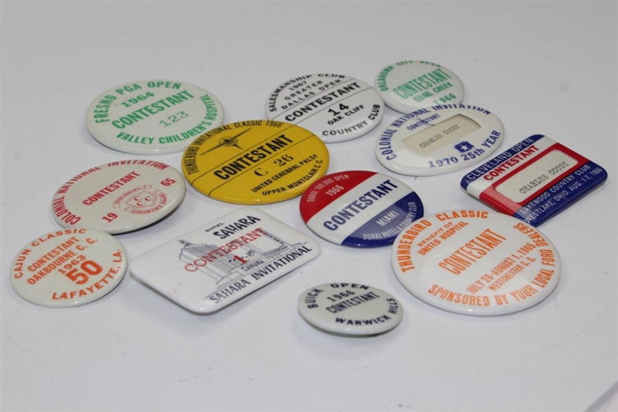 Twelve (12) Charles Coody's Various Contestant Badges - Doral, Cleveland, Colonial, etc.