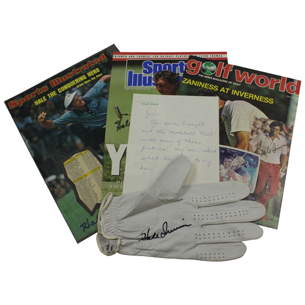 Three (3) Hale Irwin Signed Magazine Pages with Signed Glove & Handwritten Note JSA ALOA