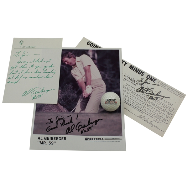 Al Geiberger Signed Replica Scorecard, Mr 59 Photo, & Handwritten Note with Ball JSA ALOA