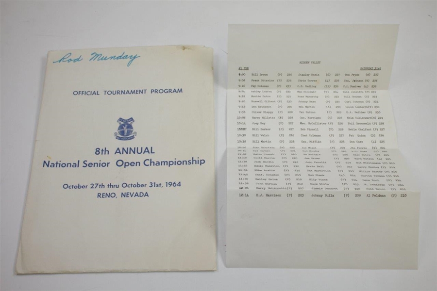 1964 8th Annual National Senior Open Championship Badge, Program, Pairing, & more - Rod Munday Collection