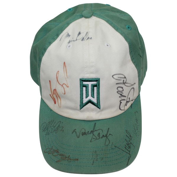 Classic TW Green/White Hat Signed by Tiger Woods, Vijay, Olazabal, & others JSA ALOA