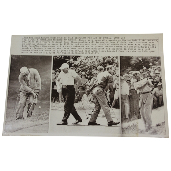 Ben Hogan (1950), Nicklaus (1960) & Arnold Palmer (1964) Three Panel Wire Photo - Memorable Past Merion Events
