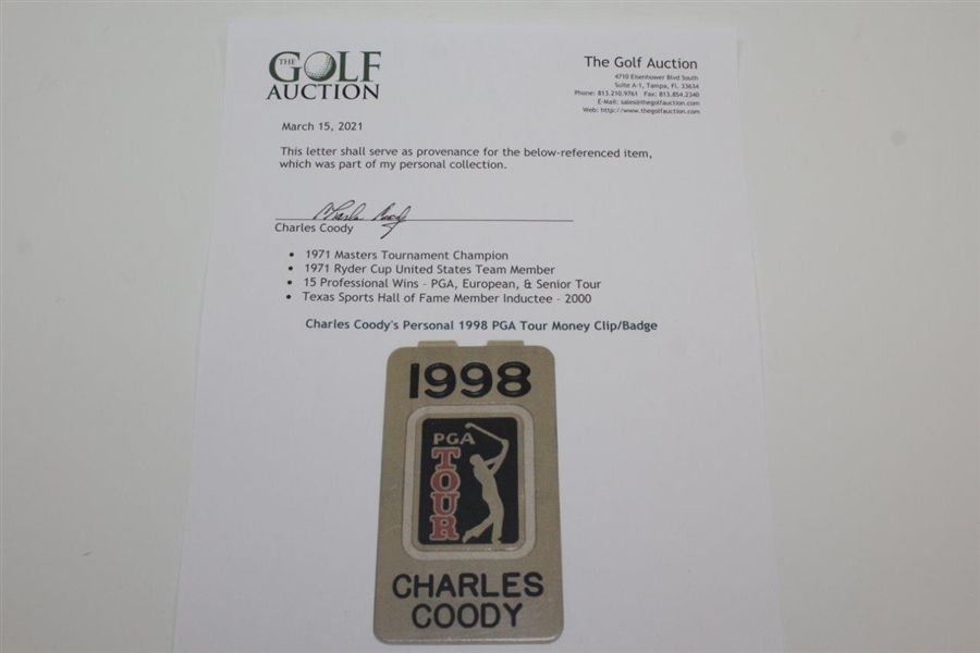 Charles Coody's Personal 1998 PGA Tour Money Clip/Badge