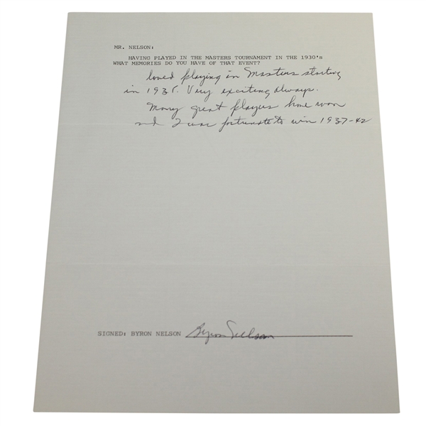 Byron Nelson Signed & Handwritten Response Letter About Playing the Masters in the 30's JSA ALOA