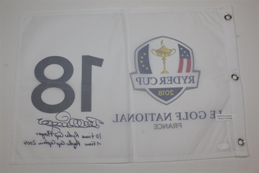 Bernard Langer Signed 2018 Ryder Cup Flag with Inscriptions JSA #QQ09191