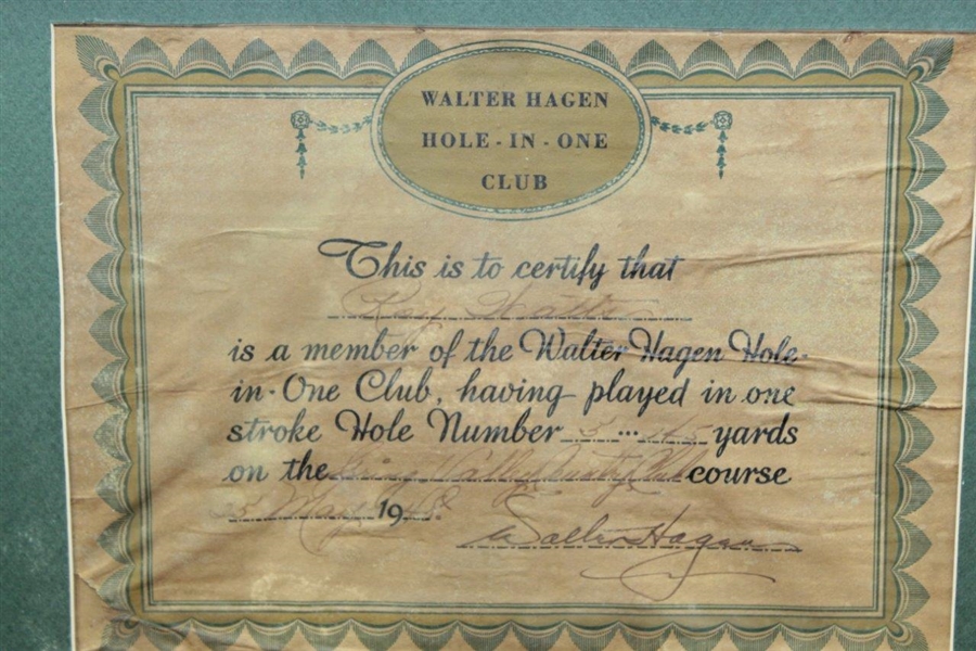 Walter Hagen Signed 1948 Hole-In-One Certificate - Framed JSA ALOA