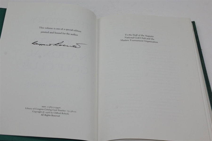 Clifford Roberts Signed 1976 'Story Of The Augusta National' Book to Harold Sargent with Inscription JSA ALOA