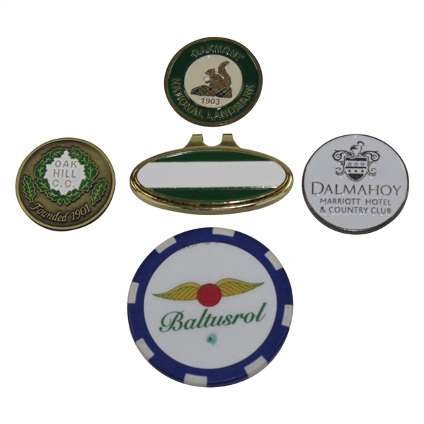 Oakmont, Dalmahoy, & Oak Hill Ball Markers with Clip & Baltusrol Poker Chip