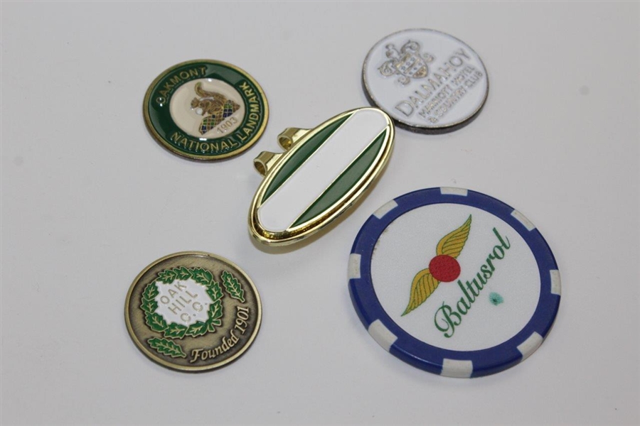 Oakmont, Dalmahoy, & Oak Hill Ball Markers with Clip & Baltusrol Poker Chip