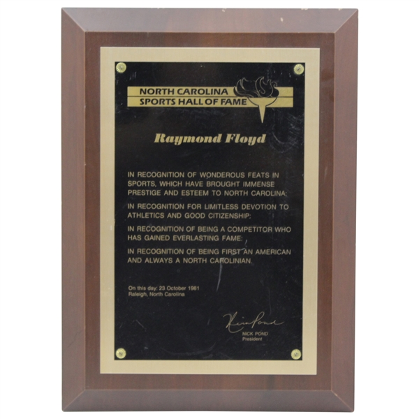 Ray Floyds 1981 North Carolina Sports Hall of Fame Appreciation Plaque