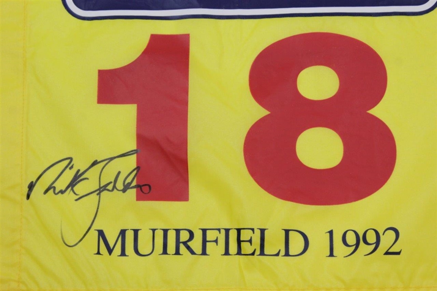 Nick Faldo Signed 1992 The OPEN at Muirfield Yellow Screen Replica Flag JSA ALOA
