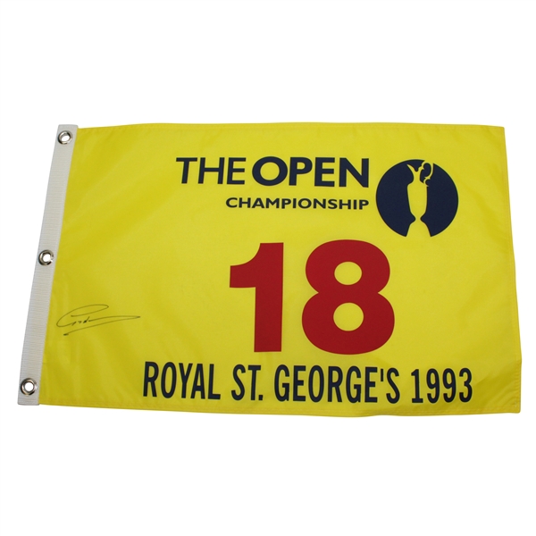 Greg Norman Signed 1993 The OPEN at Royal St. Georges Yellow Replica Screen Flag JSA ALOA