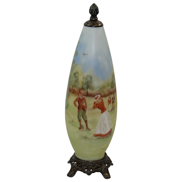 Antique Pottery Bullet Shaped Golf Themed J. Ferreri Hand Painted Lamp/Vase