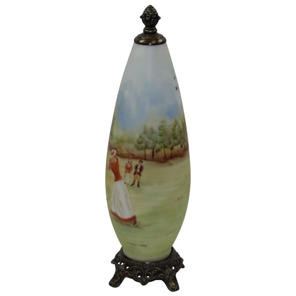 Antique Pottery Bullet Shaped Golf Themed J. Ferreri Hand Painted Lamp/Vase