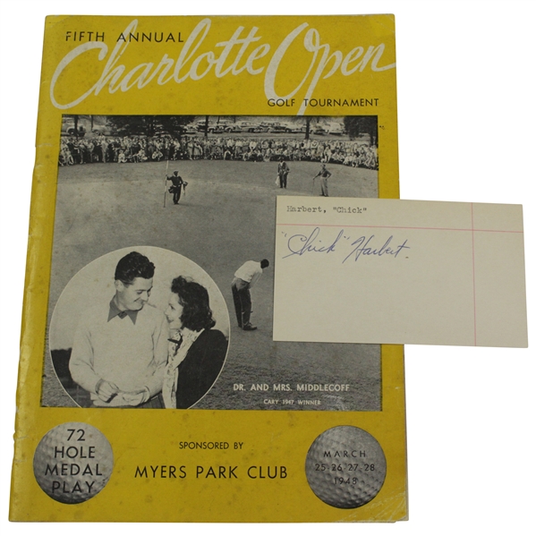 1948 Charlotte Open Program with Champ Chick Harbert Signed 3x5 Card JSA ALOA