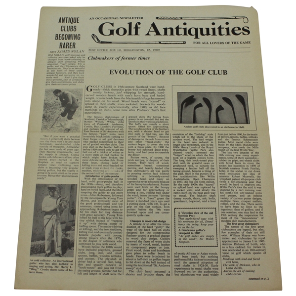 Golf Antiquities 'Evolution Of The Golf Club' Newspaper Article