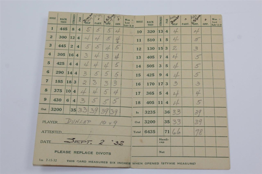 Scorecard with 1932 Walker Cup Match Friday's Singles Scores - Dunlap & Eric