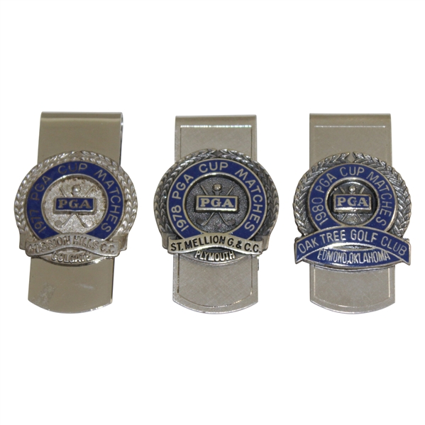 1977, 1978, & 1980 PGA Cup Matches Money Clips/Badges - Southern Hills, St. Mellion, & Oak Tree