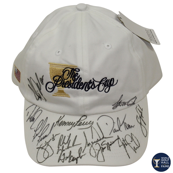 Woods, Nicklaus & US Presidents Cup Team Signed White Logo Hat - World Golf Hall of Fame Collection JSA ALOA