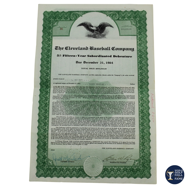1949 Cleveland Baseball Company Stock Certificate Issued to Bob Hope - World Golf Hall of Fame Collection