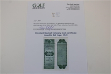 1949 Cleveland Baseball Company Stock Certificate Issued to Bob Hope - World Golf Hall of Fame Collection