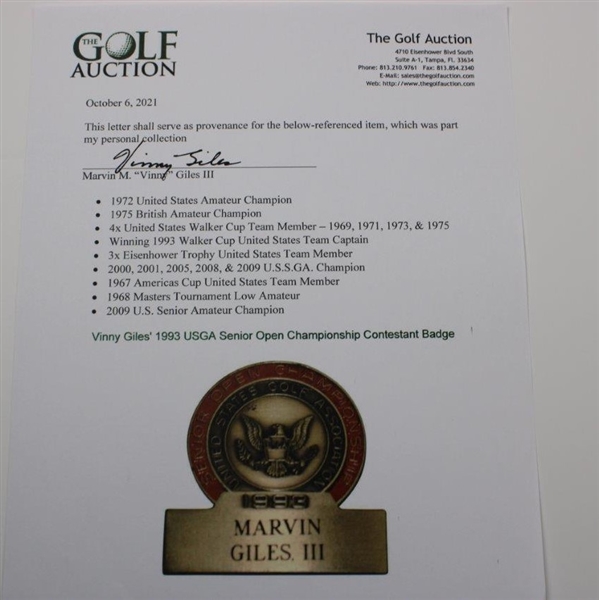 Vinny Giles' 1993 USGA Senior Open Championship Contestant Badge