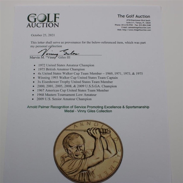 Arnold Palmer Recognition of Service Promoting Excellence & Sportsmanship Medal - Vinny Giles Collection