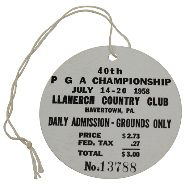 1958 PGA Championship at Llanerch Country Club Series Ticket #13788 - Pristine Condition