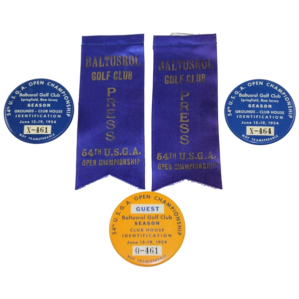 1954 US Open at Baltusrol Two Press Ribbons, Two Grounds/Clubhouse Badges & Guest Badge