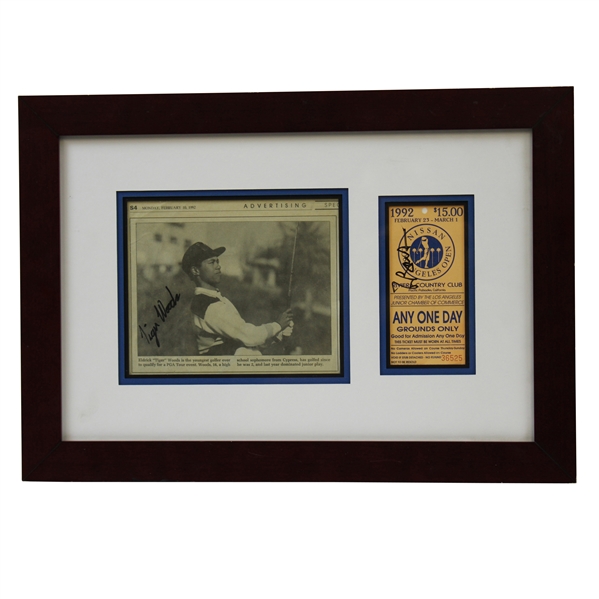 Tiger Woods Signed 1992 Newspaper Photo with 1992 Nissan Open Ticket - Framed JSA FULL Letter