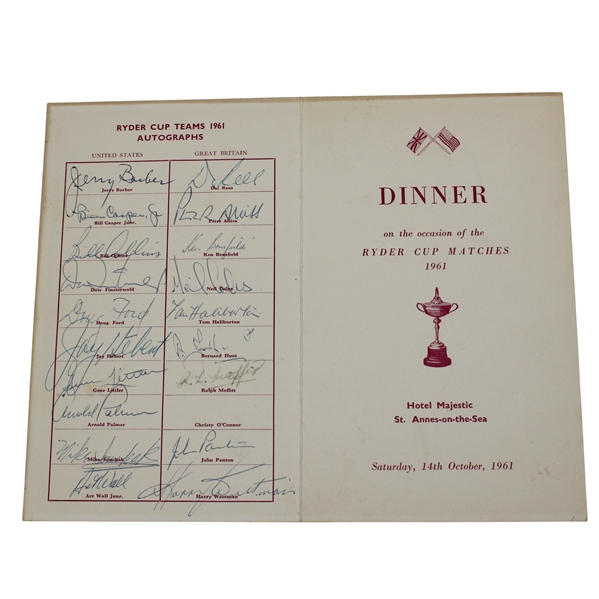 1961 Ryder Cup USA & Great Britain Team Signed Hotel Dinner Menu (Missing OConnor) JSA ALOA