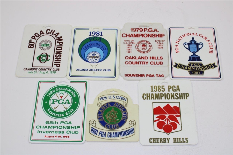 Seven (7) Different Plastic PGA Championship Bag Tags - 1976, 1978, 1979, 1981, 1985, 1986, & 1987