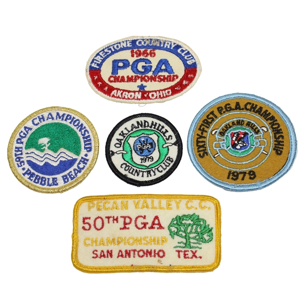 Five (5) Classic PGA Championship Patches - Pecan Valley, Pebble, Oakland Hills (x2), & Firestone
