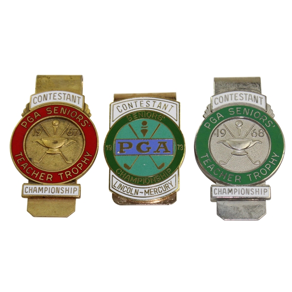 1967, 1968, & 1973 PGA Seniors Teacher Trophy & Championship Contestant Badges/Clips