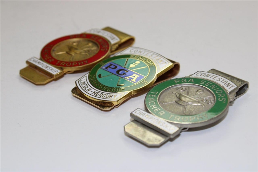 1967, 1968, & 1973 PGA Seniors Teacher Trophy & Championship Contestant Badges/Clips
