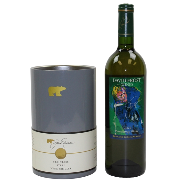 Jack Nicklaus Unopened 2003 David Frost Bottle of Wine with Jack Nicklaus Stainless Steel Wine Chiller