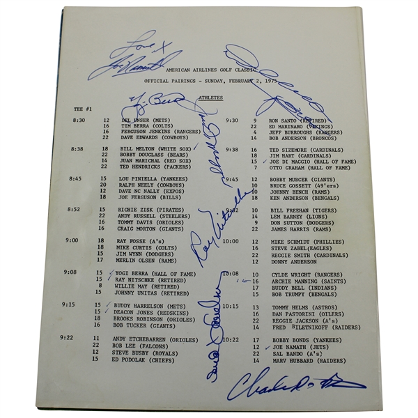 Joe Dimaggio, Yogi Berra, Joe Namath & others Signed 1975 American Airlines Pairing Sheets JSA ALOA