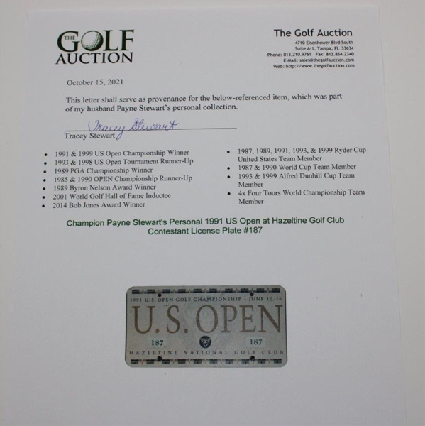 Champion Payne Stewart's Personal 1991 US Open at Hazeltine Golf Club Contestant License Plate #187