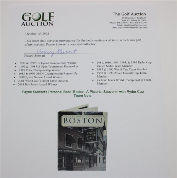 Payne Stewart's Personal Book 'Boston: A Pictorial Souvenir' with Ryder Cup Team Note