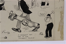 Original Clare Briggs Pen & Ink 'If Croquet Was Played Life Golf' Cartoon Featuring 'Golf' Book Depiction Illustration - 1916