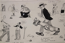 Original Clare Briggs Pen & Ink 'If Croquet Was Played Life Golf' Cartoon Featuring 'Golf' Book Depiction Illustration - 1916