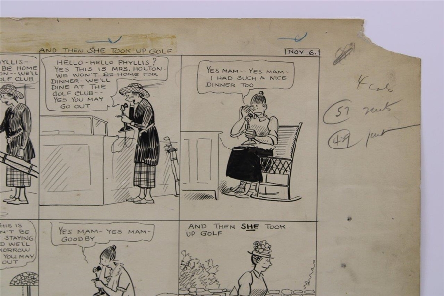 Original Clare Briggs Pen & Ink 'And She Took Up Golf' Cartoon Strip For New York Tribune - November 6, 1926