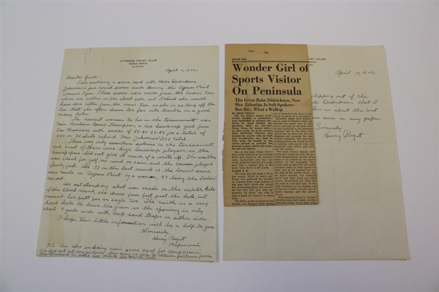 Henry Puget (Cypress Point Pro) Signed Handwritten April 1942 Letter with Scorecards - Babe at Cypress JSA ALOA