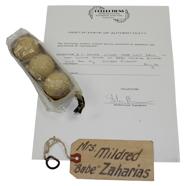 Mrs. Mildred 'Babe' Zaharias Personal Bag Tag with Torn Sleeve of Wilson Staff Golf Balls - with Letter