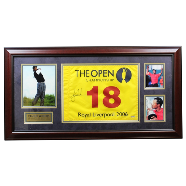 Tiger Woods Signed 2006 OPEN at Royal Liverpool Flag Deluxe Framed with Photos Display #SH045998