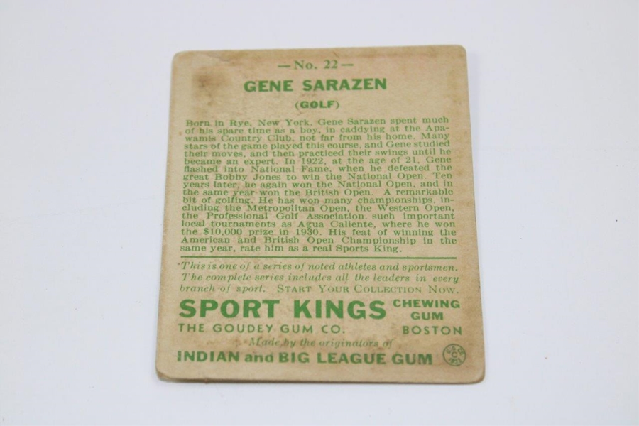 Gene Sarazen Signed 1933 Goudey 'Sport Kings Gum' Golf Card #22 JSA ALOA
