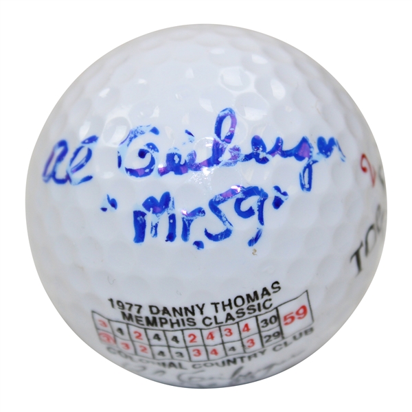 Al "Mr. 59 Geiberger Signed Personal Danny Thomas Scorecard Logo Top-Flite Golf Ball JSA ALOA