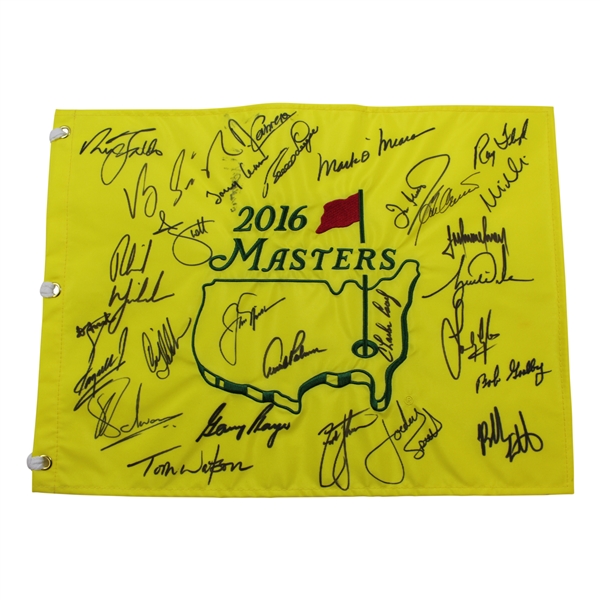 2016 Masters Champions Dinner Flag Signed by 27 with Palmer, Nicklaus, & Coody Center - Charles Coody Collection JSA ALOA