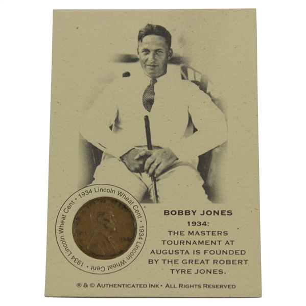 Bobby Jones 1934: The Masters is Founded Lincoln Wheat Card with Penny