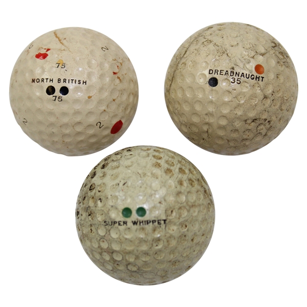 Three (3) Classic Golf Balls - North British (Scotland), Super Whippet, & Dreadnaught
